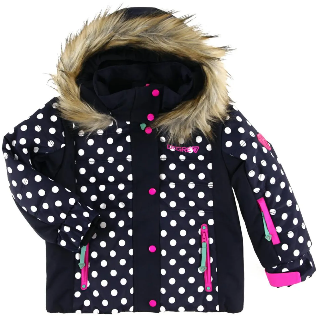 Enfant Degré 7 Veste de Ski Rose col fausse fourrure bleu foncé/blanc
