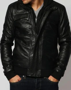 Homme Chyston Veste en Cuir Lucas noire