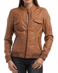Femme Chyston Veste en Cuir Olive cognac