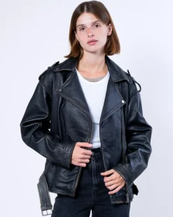 Femme Blue Wellford Veste en Cuir Oversize Carolane noir ruboff