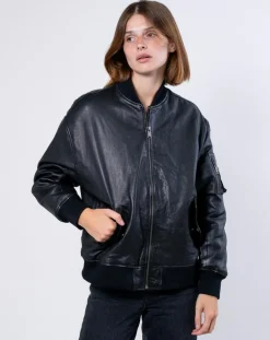 Femme Blue Wellford Veste en Cuir Oversize Cassylia noire