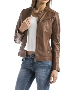 Femme Blue Wellford Veste en Cuir Pearl cognac