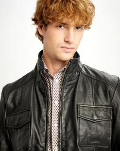 Homme Chyston Veste en Cuir Simon noire