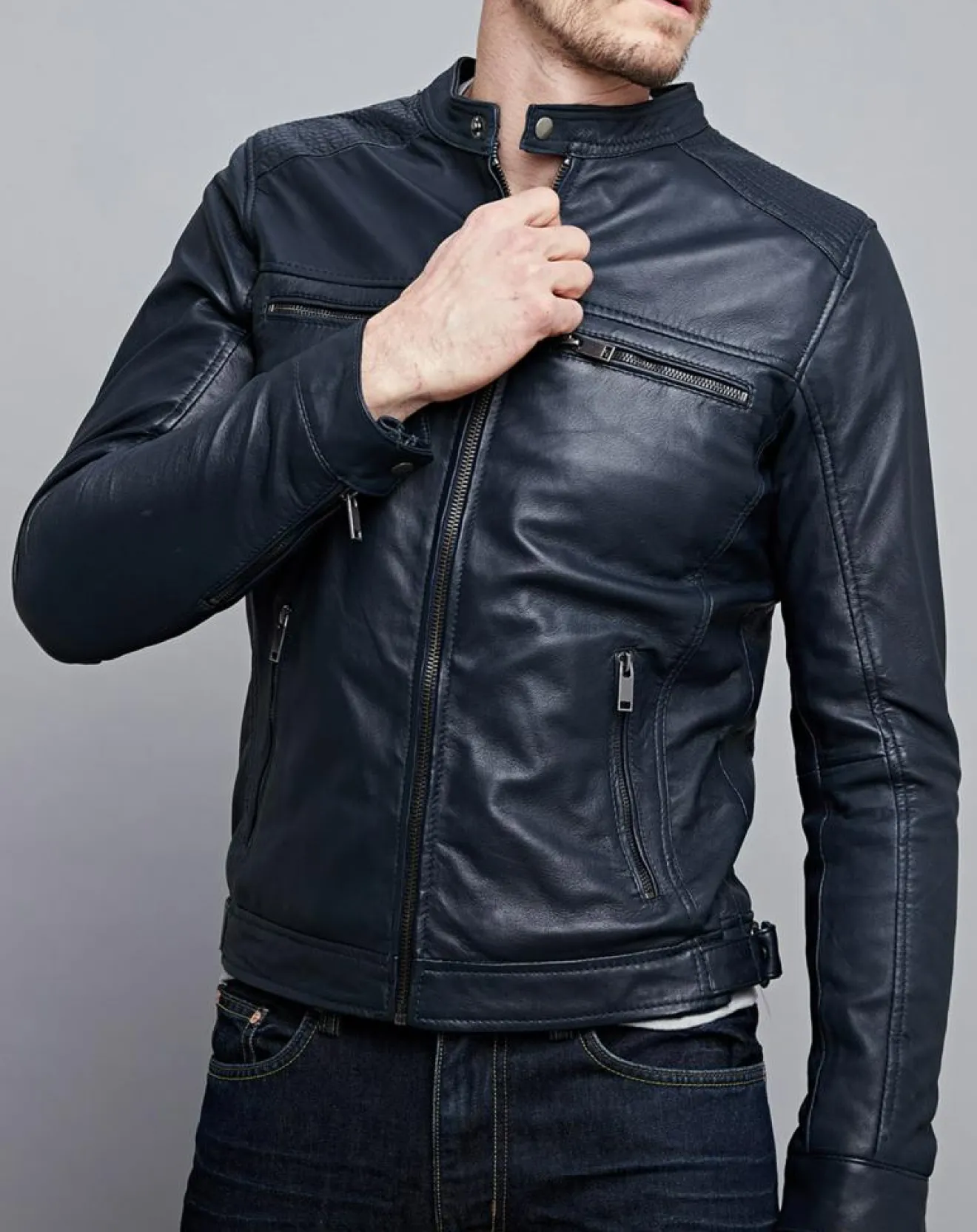 Best Chyston Veste en Cuir Timoty bleu marine