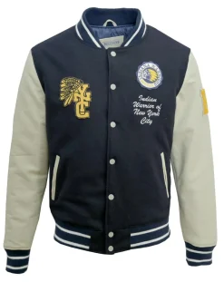 New Blue Wellford Veste Teddy en Laine & Cuir Martin marine/écru